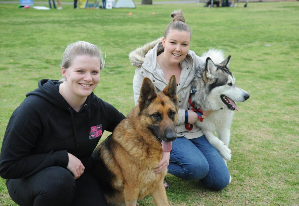 OUT WITH FRIENDS: Horsham's Kahlee Papst and Sammie Mackley with their dogs Duncan and Arkie at the Live Well, Be Well community event. Picture: DAINA OLIVER