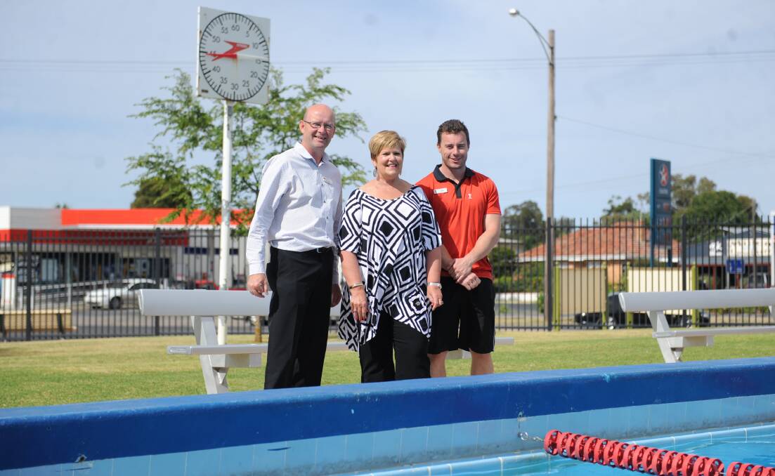 UPGRADE: Horsham Rural City Council's community service director Kevin O'Brien, mayor Pam Clarke and Horsham Aquatic Centre's Jake Carr are excited about improvements to the outdoor pool. Picture: DAINA OLIVER  