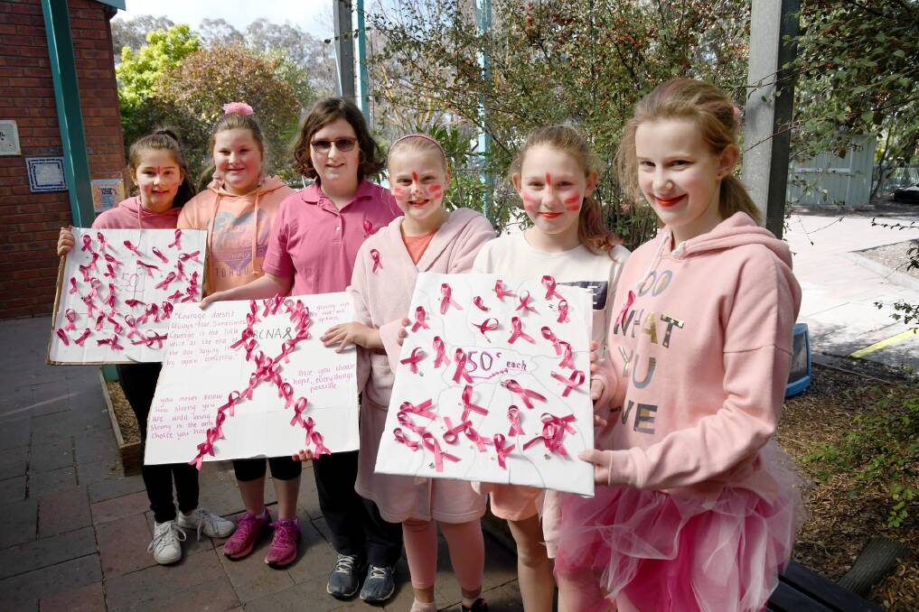 PINK DAY: Horsham West Primary School students Isabella Rabl, Sharmaine Mackley, Kirilly Matheson, Charlotte McFarlane, Bella Gregson, and Katie Pohlner wearing pink for Breast Cancer awareness. Picture: SAMANTHA CAMARRI