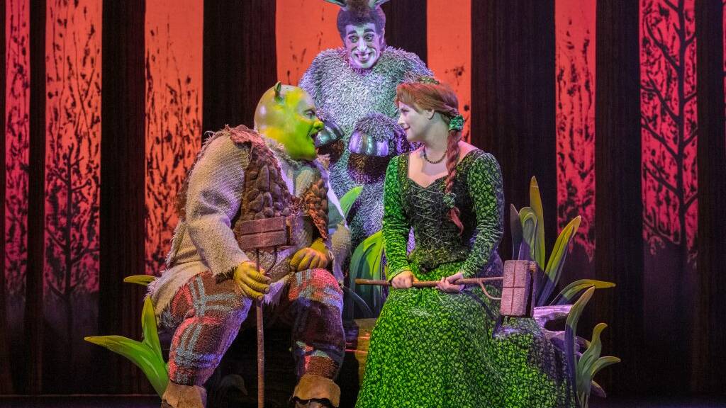 Ben Mingay as Shrek, Lucy Durack as Princess Fiona and Nat Jobe as Donkey