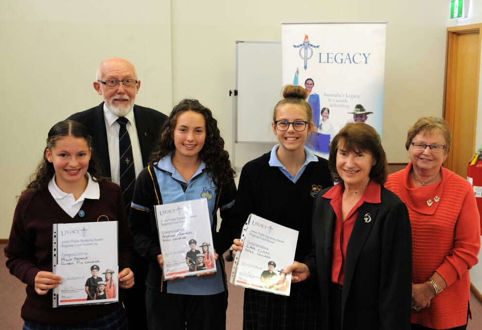 CONFIDENT: Wimmera Legacy junior speaking competition runner-up Milla Searle of Ouyen P-12 College alongside winners from Nhill College Mikayla Farmers and Zara Clark with judges Neville Short, June Liddy and Denise Queale.