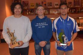 Senior colts footballer of the year Sam Williams-Bale (left) and leading goalkicker Kayne Councillor with trophy donor Michael Justin of Naracoorte Home and Electrical. 