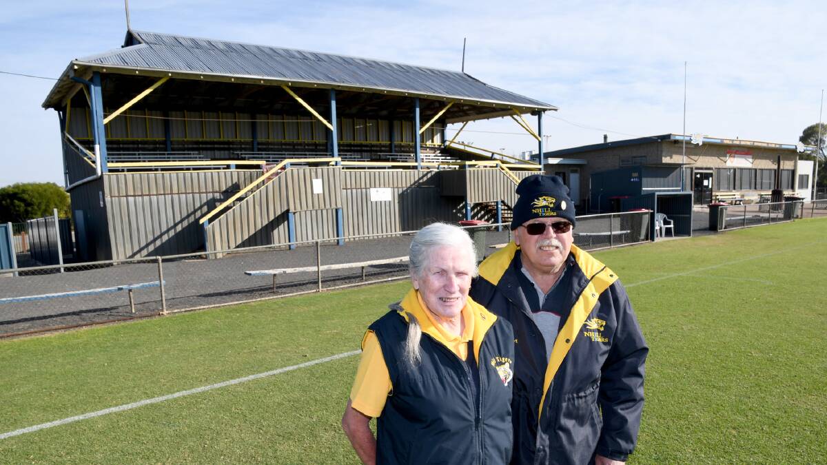 CLOSED: Nhill and District Sporting Club life members Yvonne and Jim Gladdis out the front of the Davis Park Pavilion. Picture: SAMANTHA CAMARRI