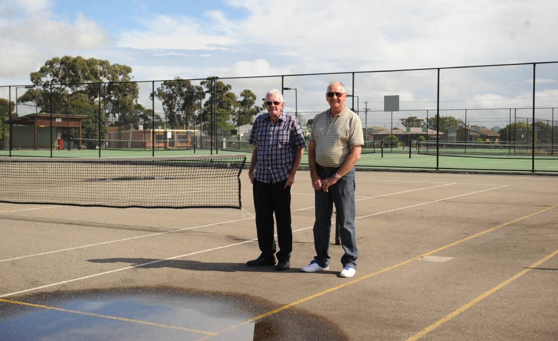 TIME FOR A CHANGE: Horsham City Netball Association treasurer and life member Grenville Short with Central Park Tennis Club life member Brian Breuer at the Central Park netball and tennis courts. Picture: ELIJAH MACCHIA