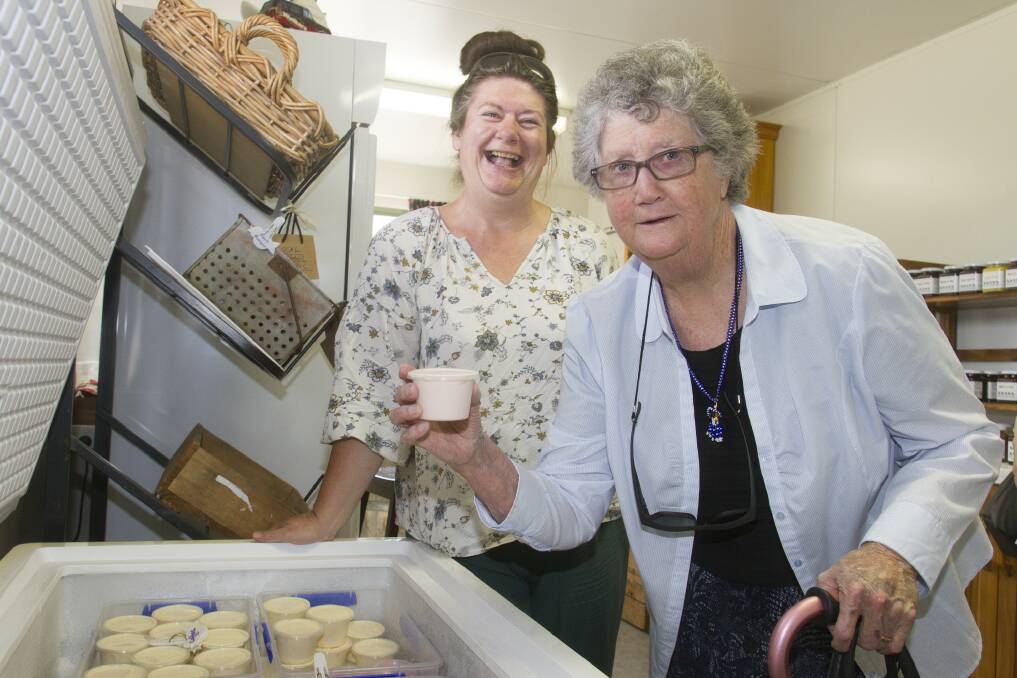 ARTISANAL OFFERINGS: Five Ducks Farm owner Anita Evans helps visitor Florence Coad choose an ice cream from their homemade flavours on Monday. Pictures: PETER PICKERING