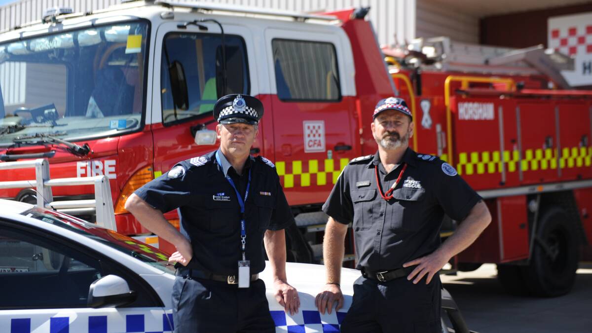 SAFETY FIRST: Senior Sergeant Brendan Broadbent and CFA District 17 Operations Manager Craig Brittain. Picture: ELIZA BERLAGE