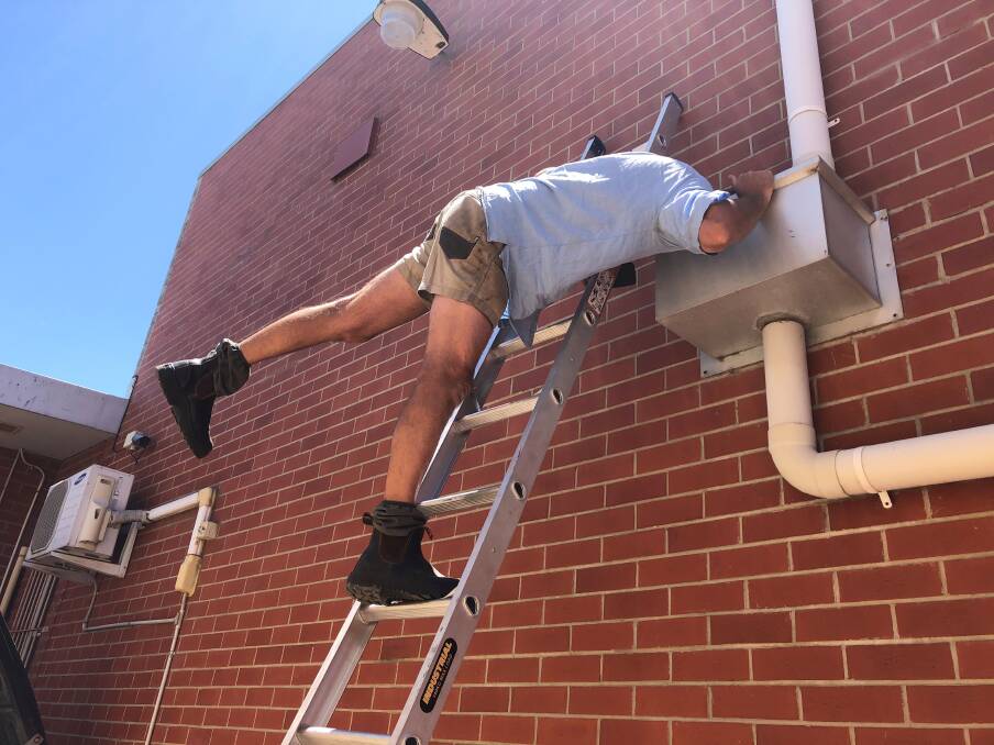 RESCUE EFFORT: Brendan Stemp tries to get the cat down from the pipe at Horsham's Amcal Pharmacy on Tuesday afternoon. Picture: ELIZA BERLAGE