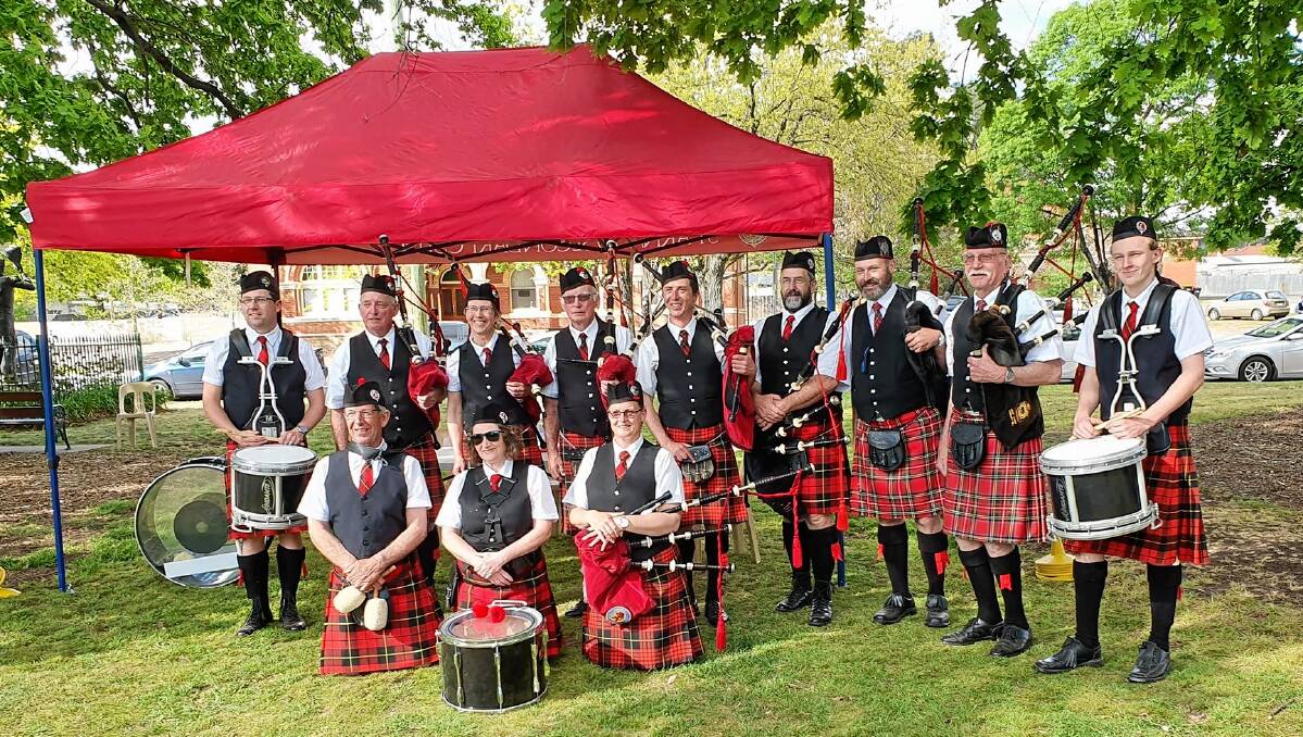 ON THE BEAT: Members of the Horsham City, Naracoorte and Mount Gambier pipe bands. Picture: CONTRIBUTED