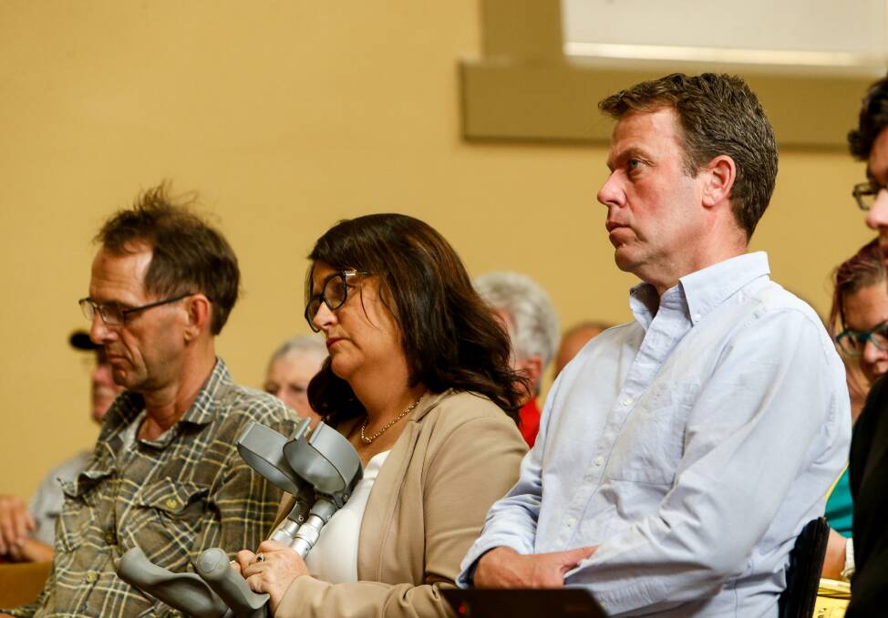 Roma Britnell and Dan Tehan at the public meeting in Macarthur about the fire at Budj Bim National Park. Picture: Anthony Brady