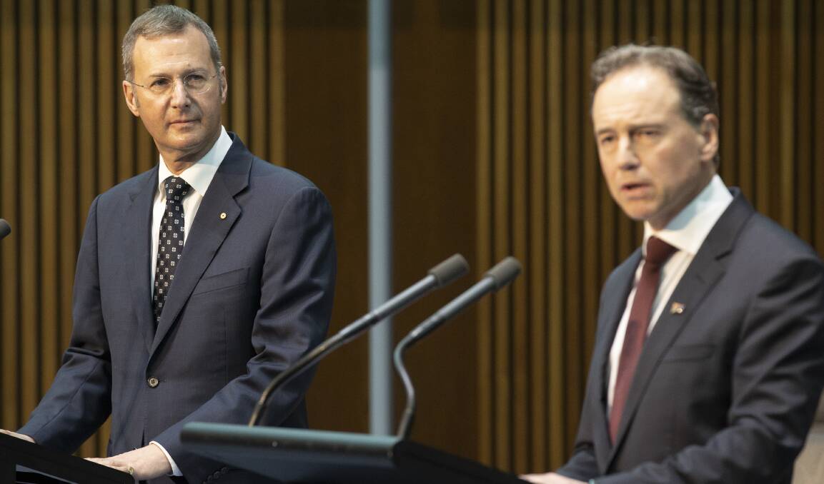 Principal Medical Adviser Professor Michael Kidd, left, and Health Minister Greg Hunt updating reporters on medical equipment on Tuesday. Picture: Sitthixay Ditthavong