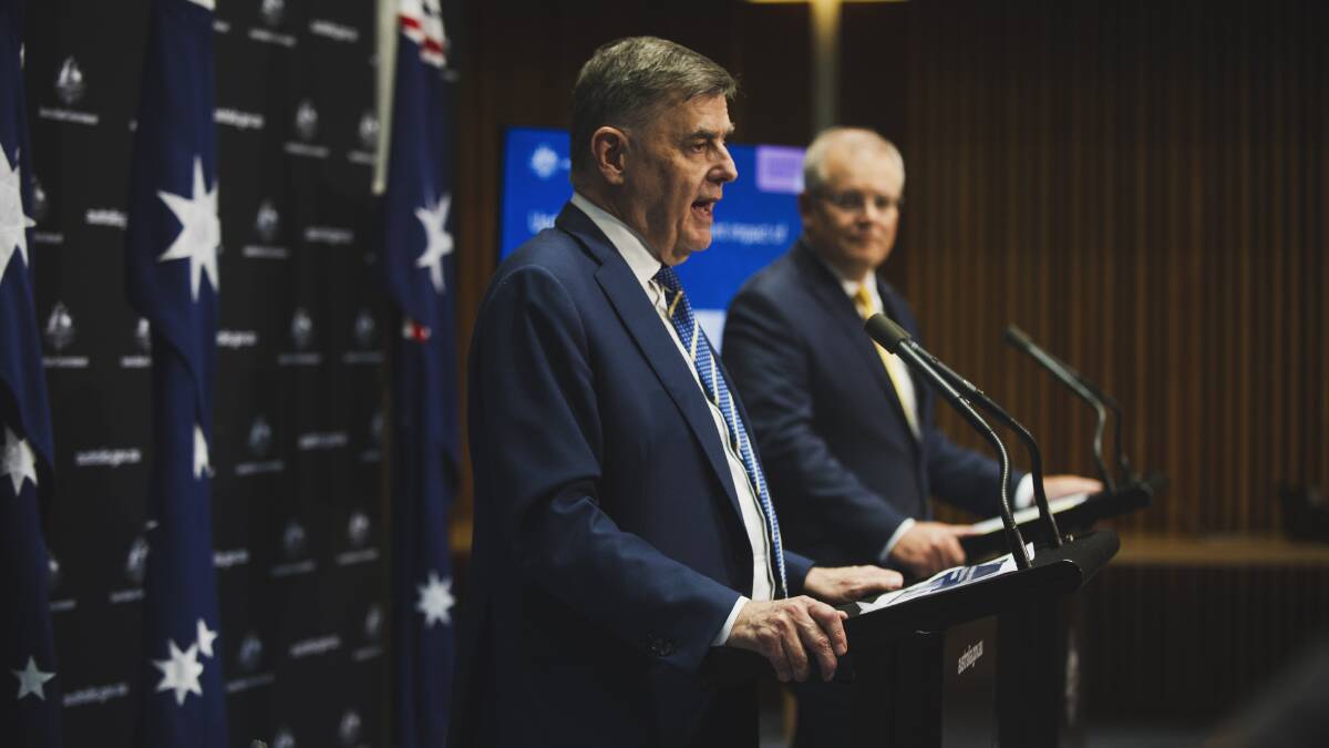Chief Medical Officer Brendan Murphy and Prime Minister Scott Morrison address the media. Picture: Dion Georgopoulos 