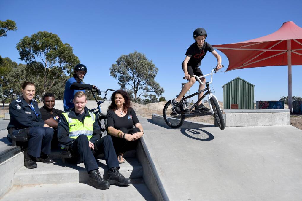 Horsham police youth resource officer Leading Senior Constable Linda McLennan, Nexus youth engagement worker Eddie Nsanzimana, First Constable Lachy Hurst, skate park jam committee member and competitor Rob Savidge, Nexus project worker Jodie Mathews and Lucas Scott are looking forward to a skate park jam in Horsham and Warracknabeal as part of Victorian Youth Week. Picture: SAMANTHA CAMARRI