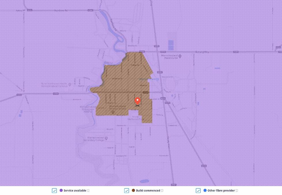 A map showing the NBN services in Warracknabeal. The purple represents places where residents can already connect, while the brown is where construction is underway.