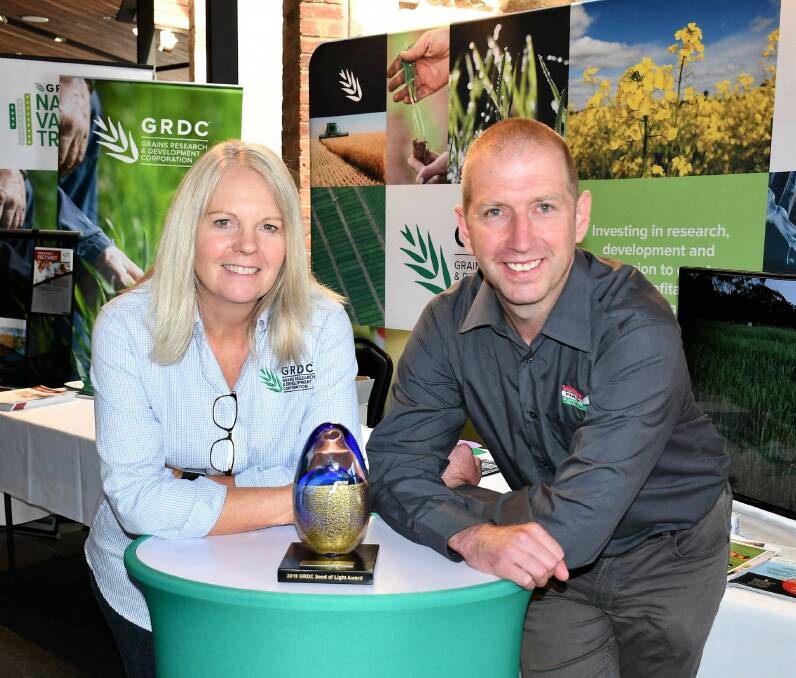 GRDC southern region panel member Kate Wilson with Seed of Light Award recipient Jason Brand of Horsham. Picture: CONTRIBUTED