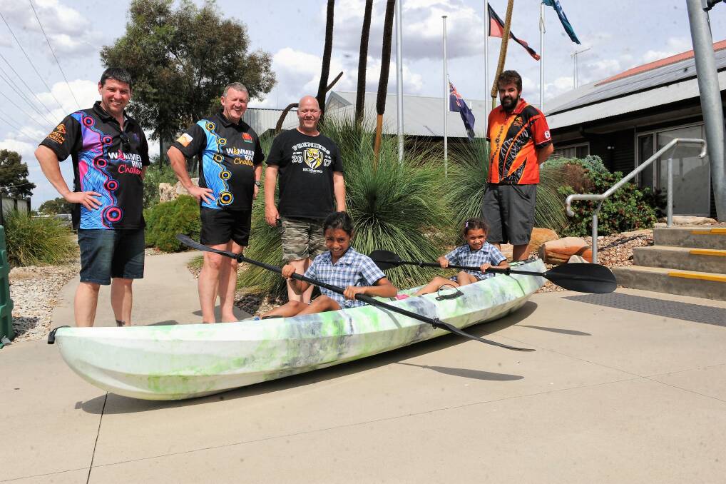 Goolum Goolum Aboriginal Co-operative's Jeremy Newell, Miah Braeside-Staples, 7, Les Power, Talani Braeside-Staples, 9, Dean Staples and Dean O'Loughlin prepare for the Wimmera River Challenge. Picture: CARLY WERNER
