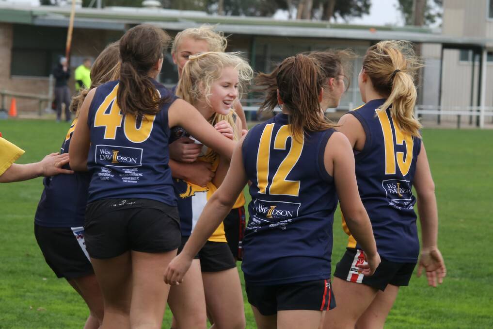FUNDING BOOST: Students embrace after a goal during a girls football match at Dudley Cornell Park in 2014. The park has received a state government grant to build female changerooms.