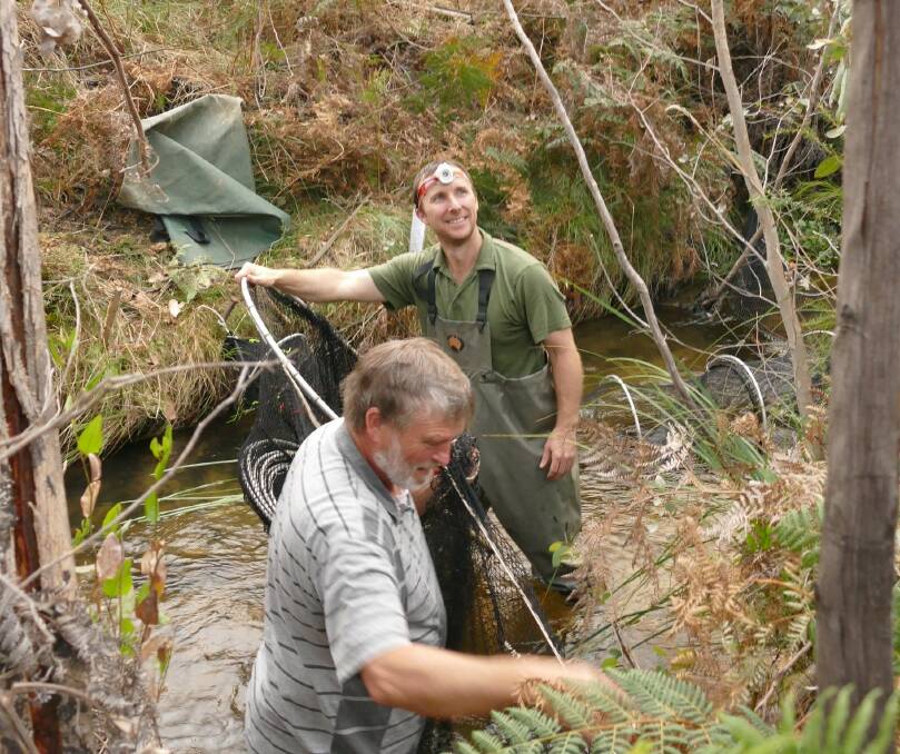 CESAR senior wildlife ecologist Josh Griffiths, back, and Project Platypus' John Pye complete a platypus survey in MacKenzie River this week. Picture: CONTRIBUTED