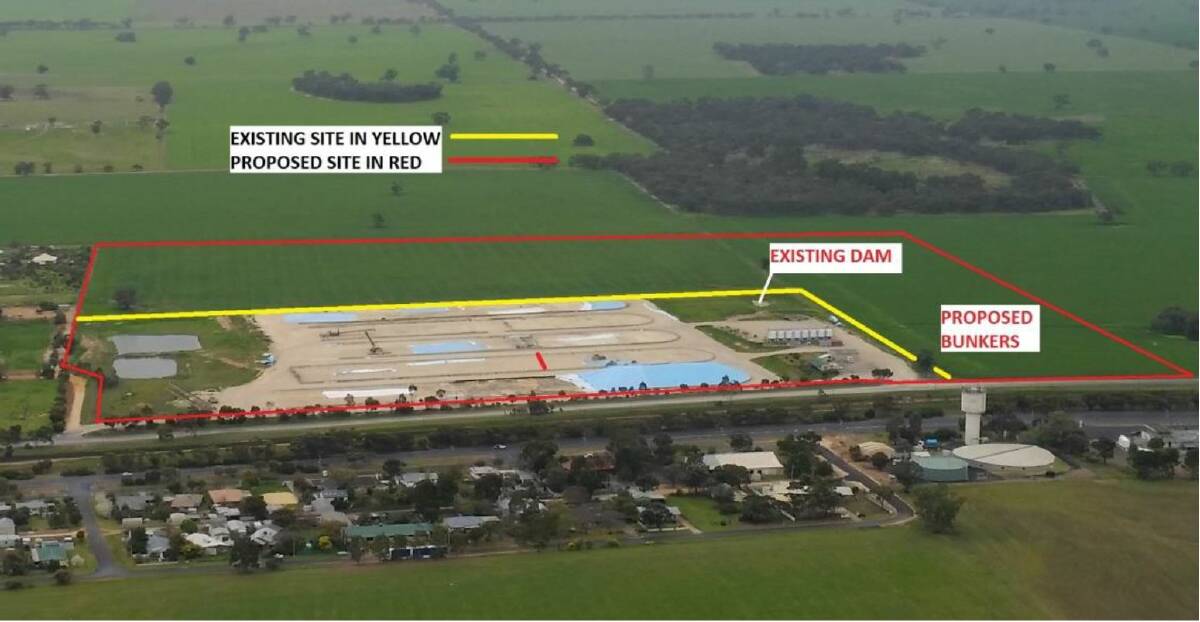 GrainCorp's existing Nhill site - bordered by the yellow lines - and the parameters of its proposed new site to accommodate five additional grain storage bunkers. 
