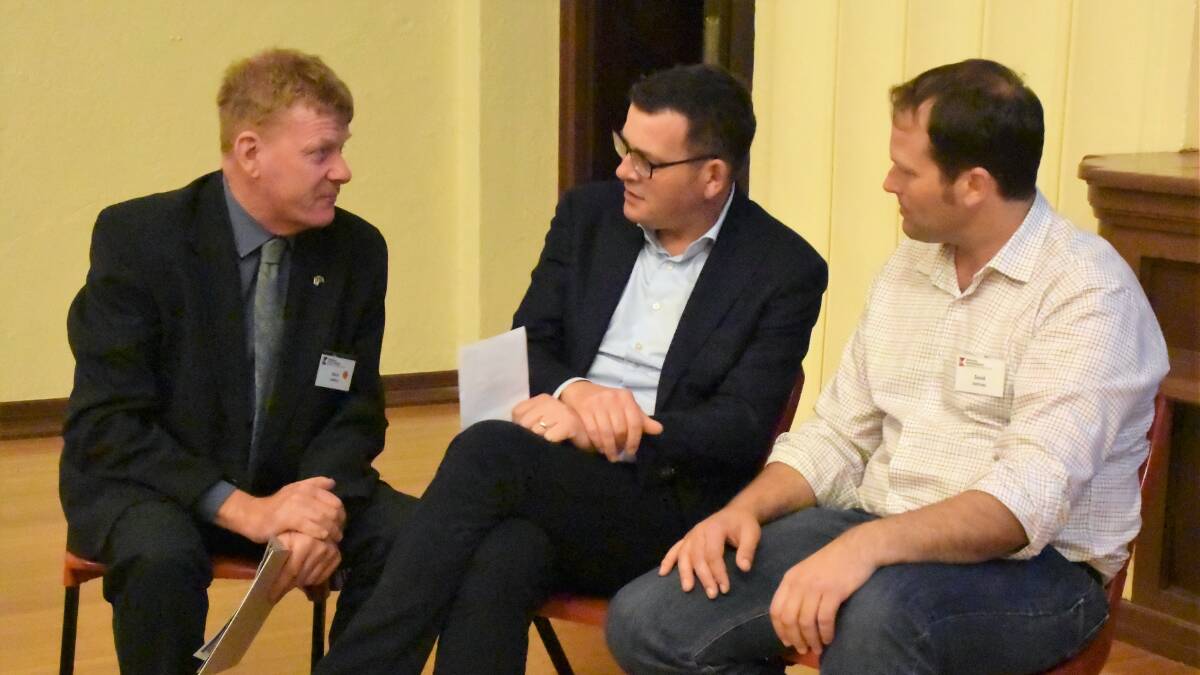 Horsham Rural City councillor Mark Radford, Victorian Premier Daniel Andrews, and Wimmera Southern Mallee Regional Partnership chairman David Jochinke at the partnership's 2017 assembly in Horsham. Picture: CARLY WERNER