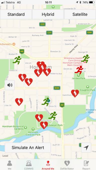 An screenshot of Ambulance Victoria Horsham auxiliary senior team manager Paul Burton's GoodSAM app, showing first responders and defibrialltor locations.