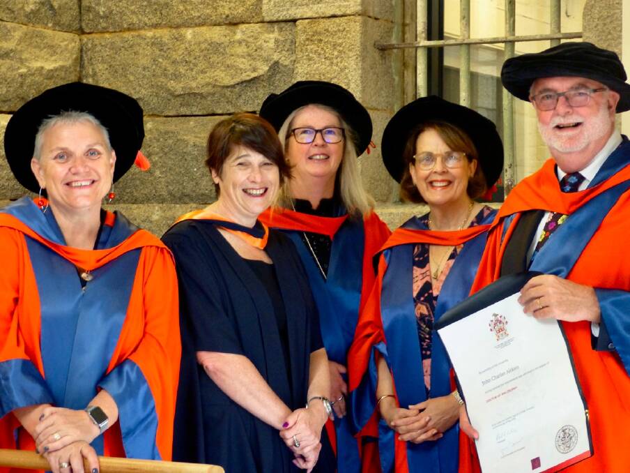Dr John Aitken with former Rural Northwest Health chief executive Catherine Morley, second from left, and Professor Mandy Kenny, Dr Virginia Dickson Swift, and Professor Pam Snow. Picture: CONTRIBUTED
