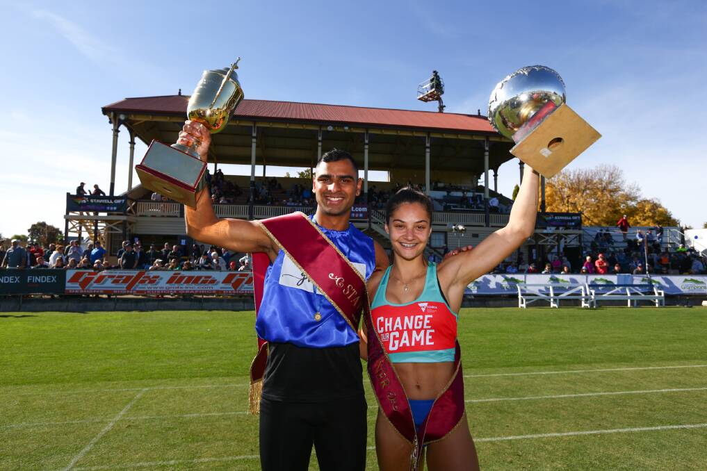  Dhruv Rodgrigues Chico won the 2019 Visit Grampians Stawell Gift and Alexia Loizou claimed the Strickland Family Women's Gift crown last year.