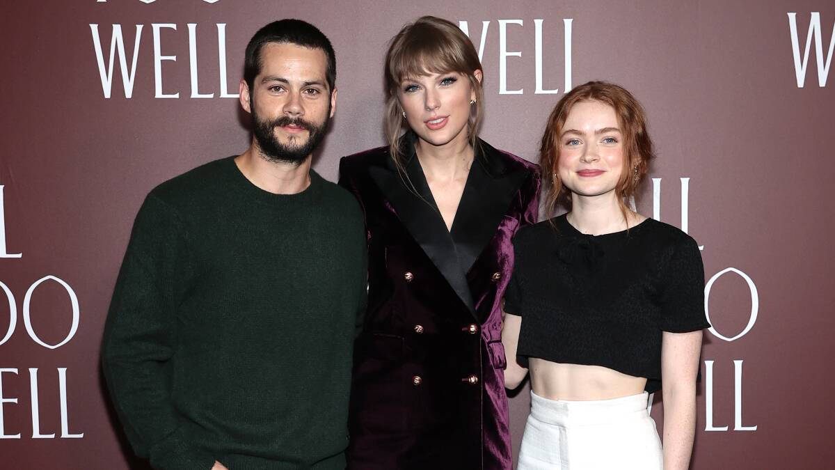 Taylor Swift with Dylan O'Brien and Sadie Sink at the launch of All Too Well: The Short Film. Picture: Getty Images