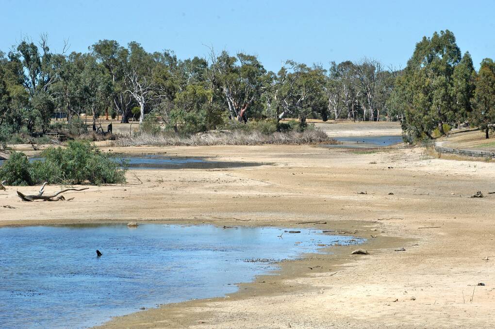 RIVER BED: Looking south from Baillie Street along Menadue Street in Horsham, the Wimmera River bed is a sandy oasis. 