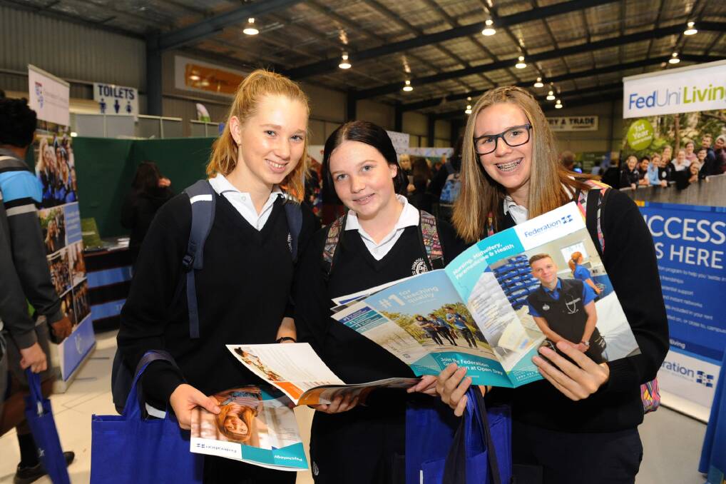 OPTIONS AVAILABLE: Tea Kuhne, Jorja Byrne and Joanna Wolthuise of Dimboola Memorial Secondary College at last year's Careers Expo. Picture: SAMANTHA CAMARRI