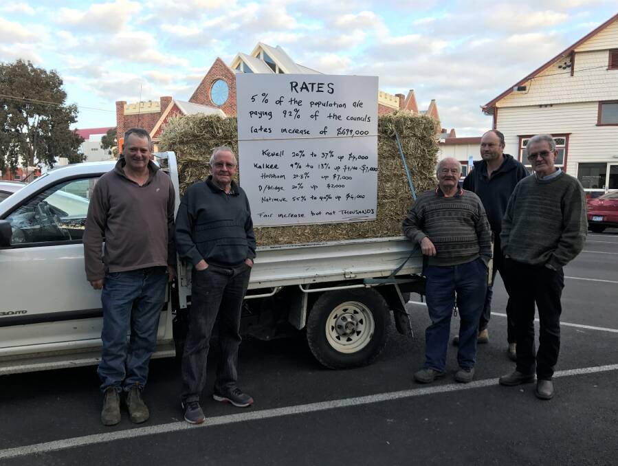 RATE DEBATE: Horsham Rural City Council farmers Mark Plowright, of Dahlen, Allan Mills, of Kalkee, Tom Blair, of Kalkee, Fletcher Mills, of Kalkee, and Peter McGennisken, of Brimpaen, want answers about the farming land rate disparity. Picture: JADE BATE