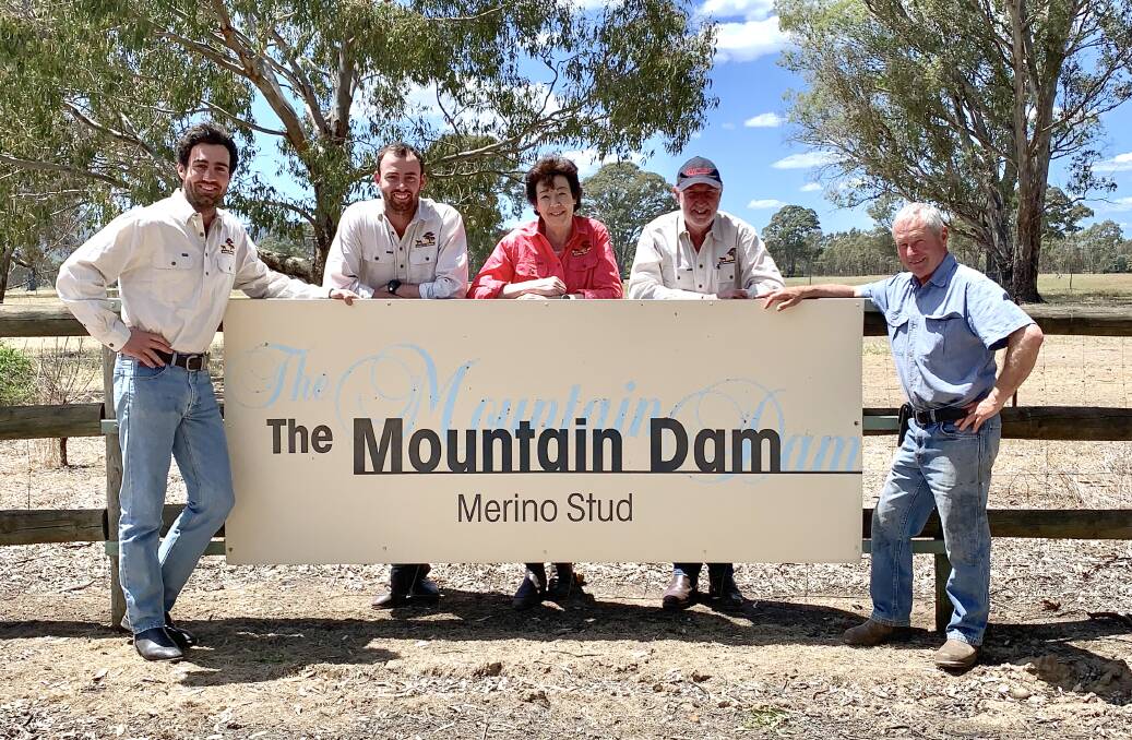 The Close family with Tom Silcock at The Mountain Dam Poll Merino Stud at Telangatuk East. Picture: CONTRIBUTED