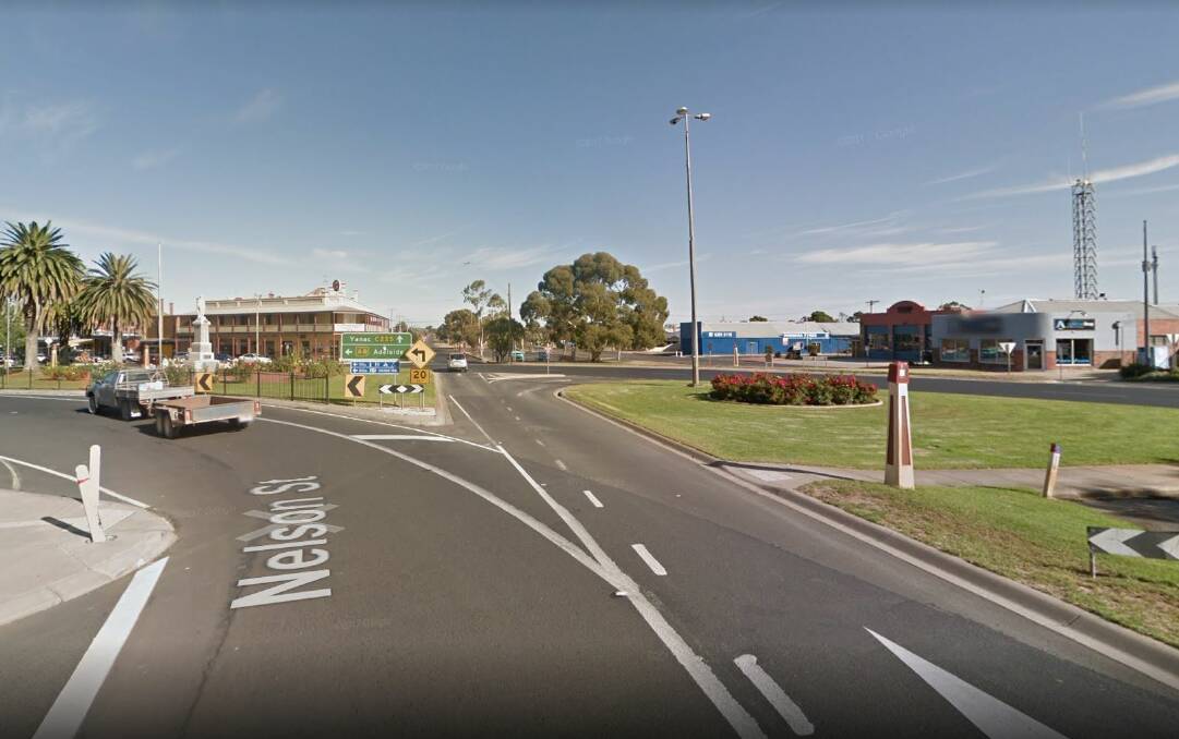The notorious intersection of Nelson and Victoria streets in Nhill is now more safe with flashing warning lights of the merging roads. Picture: GOOGLE MAPS