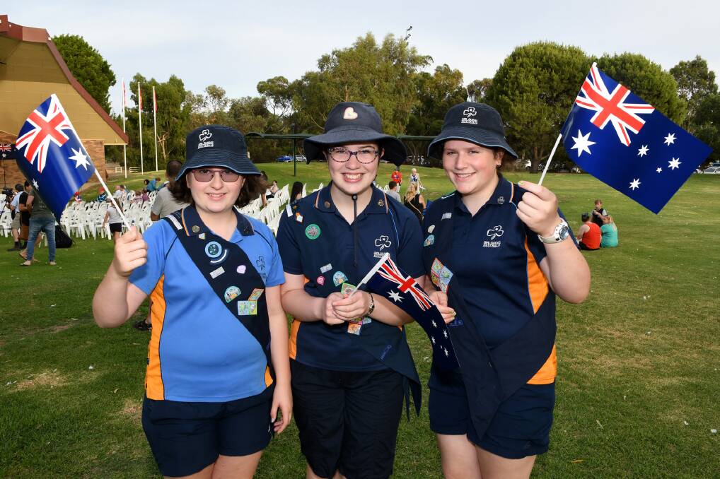 CELEBRATIONS: Horsham Girl Guide members Kirilly Matheson, Delie Rowe and Lauren Matheson at Horsham's Australia Day ceremony at Sawyer Park in 2018. Picture: SAMANTHA CAMARRI