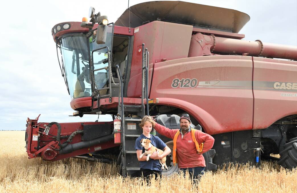 HARVEST TIME: Alex Oxbrow, 13 of Rupanyup South, (with Jessie the dog) has been helping his dad Paul Oxbrow with the 2019 harvest. Picture: JADE BATE