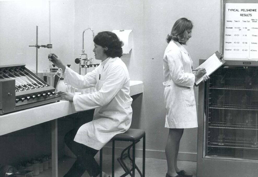 Barbara Farr (nee Kane) and Leonie Wilsch (nee Tepper), Lab Assistants doing
plant breeding quality tests in 1968. Picture: ALLAN MCINTYRE