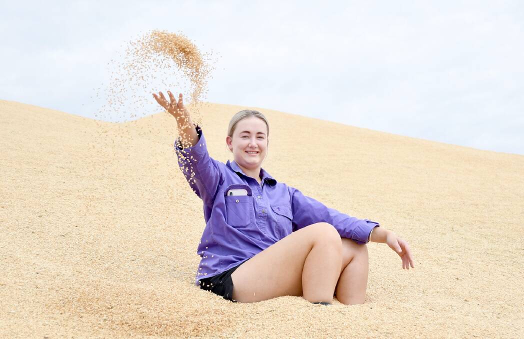 HARVEST GAINS: Shannon Bros. employee Johanna Burgess with some grain at the company's Horsham grain receival site. Picture: SAMANTHA CAMARRI