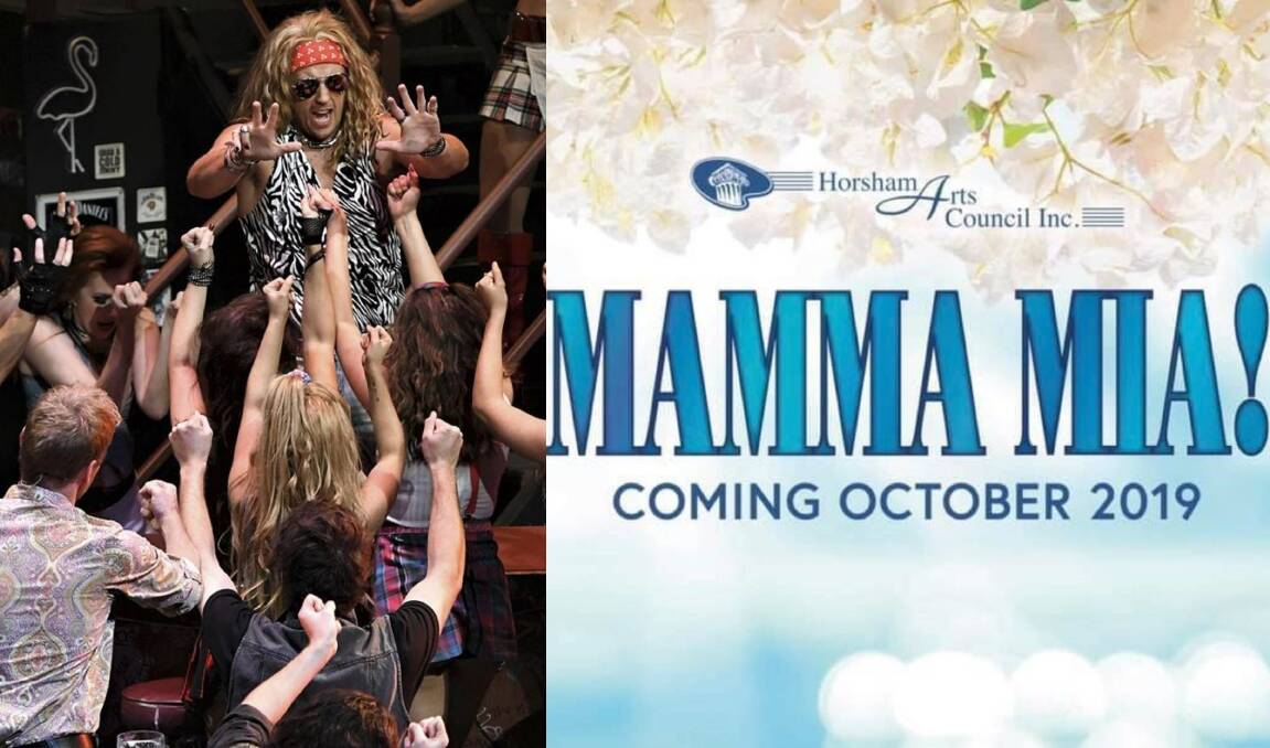 Left: Brady King as Stacee Jaxx in Rock of Ages. Right: Horsham Arts Council's next show will be Mamma Mia! which will be staged in October.