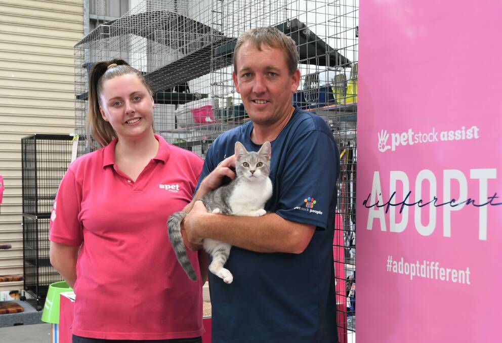 ADOPTION: Horsham PETstock employees Brad Millar and Chynade Lynch with six-moth-old kitten Mary-Kate from Phoenix Animal Rescue Horsham. Picture: JADE BATE