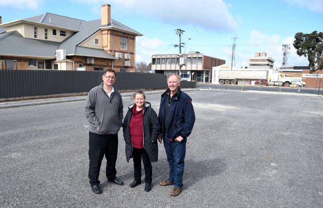 PROJECT: Horsham Anglican Church Father Denis Sotiriadis, church treasurer Anne Brown and project manager Kieth Starick at the new car park. Picture: SAMANTHA CAMMARI