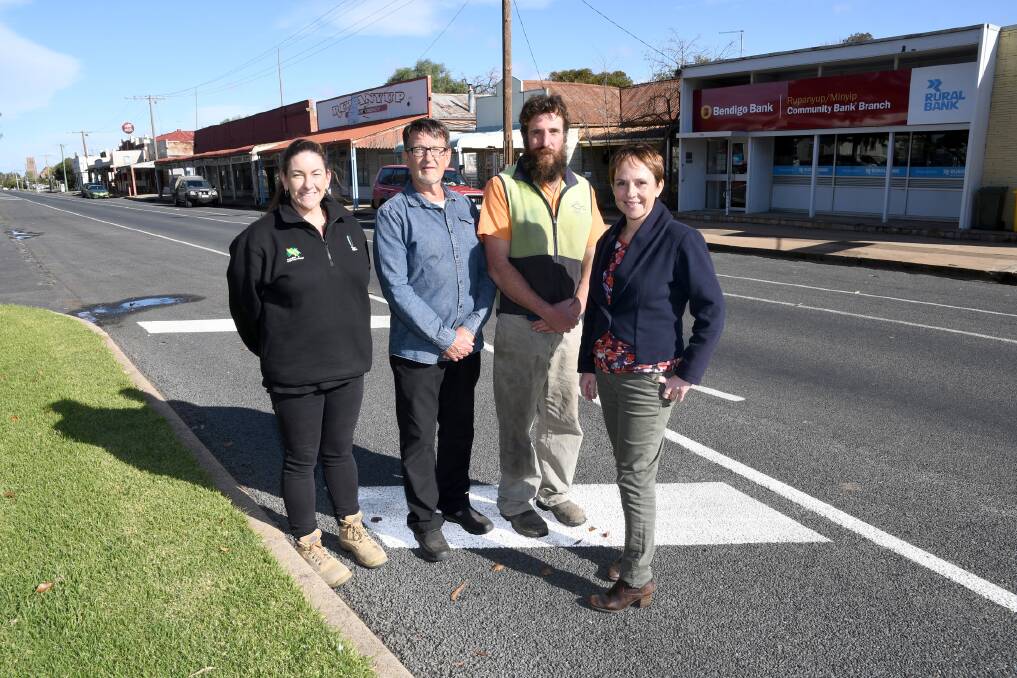 SCREETSCAPE DREAM: Regional Development Minister Jaala Pulford, right, with Rupanyup E-Rup director Sarah Pathirana, chairman Malcolm Uhe, and director Ray Kingston. Picture: SAMANTHA CAMARRI
