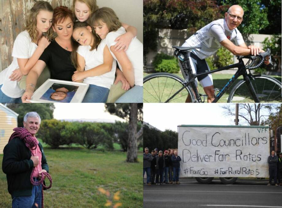 Clockwise from top left: Trudi Weir and her daughters with a photo of their husband and father Jason; Anthony Heyward was back on his bike after he had open heart surgery; Horsham Rural City Council farmers rallied in front of the Horsham council chambers; and Experienced rockclimber Keith Lockwood at his Natimuk home, with Mt Arapiles in the background.