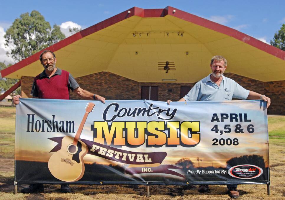 FESTIVAL FAREWELL: Don Mitchell and Lyall Wheaton promoting the first Horsham Country Music Festival at the Horsham Soundshell in Sawyer Park in 2008.