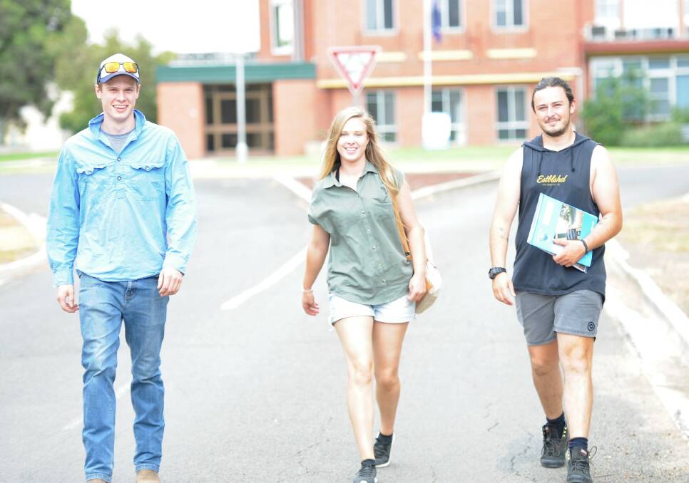FIRST STEPS: Longerenong College's first international students Hamish Cunningham-Jardine, of Scotland, and Lille Smith and Ethan Brown, of England, started last week. Picture: ALEXANDER DARLING