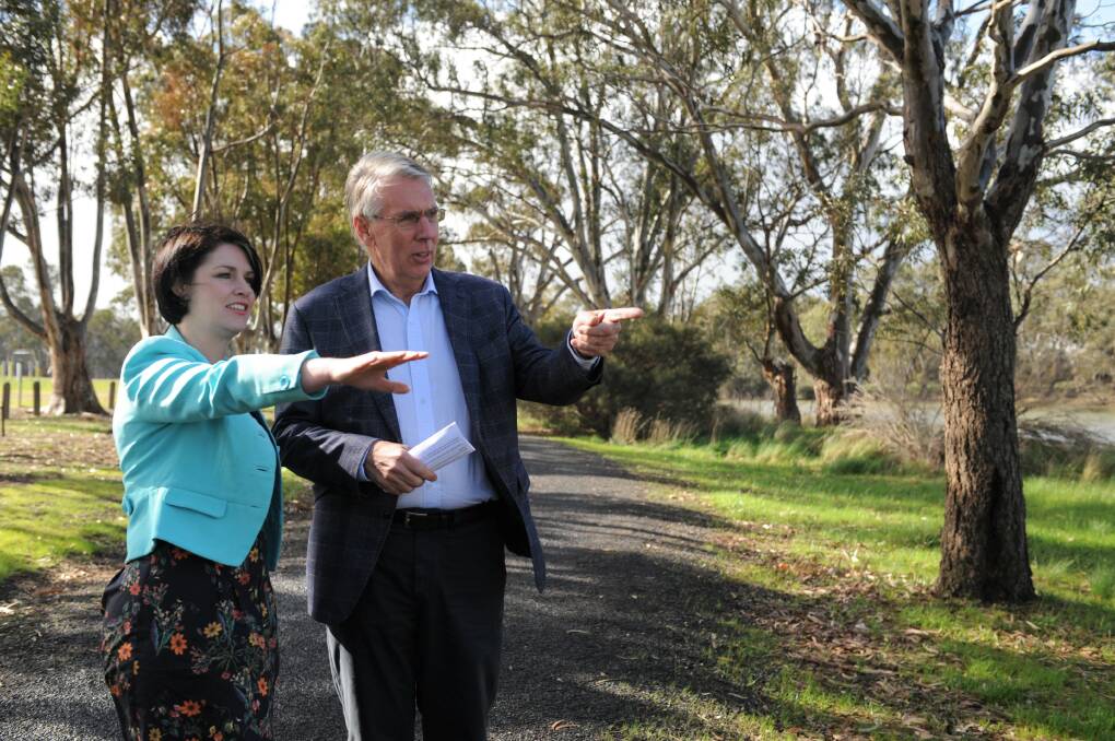 RIVERFRONT PLANS: Member for Lowan Emma Kealy and Nationals leader Peter Walsh discuss ideas for the Wimmera River Precinct in Horsham on Tuesday. Picture: JADE BATE
