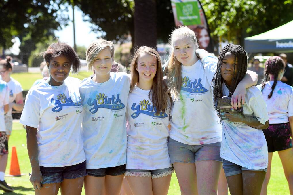 YOUTH FOCUS: Kudzai Nhachi, Charlotte Knight, Molly Young, Lauren Plunkett and Tamia Makoni, Horsham participated in a colour war at May Park for Youth C.A.N in January. Picture: SAMANTHA CAMARRI