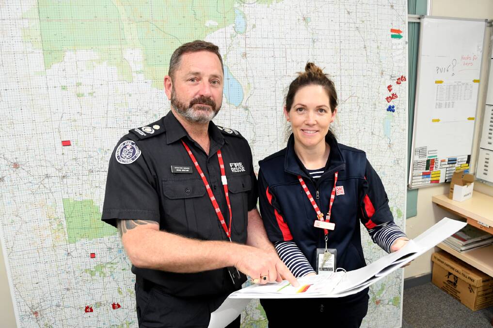 RESTRICTIONS START: Country Fire Authority District 17 operations manager Craig Brittain and brigade administration support officer Michelle Hallam get ready for fire danger season. Picture: SAMANTHA CAMARRI