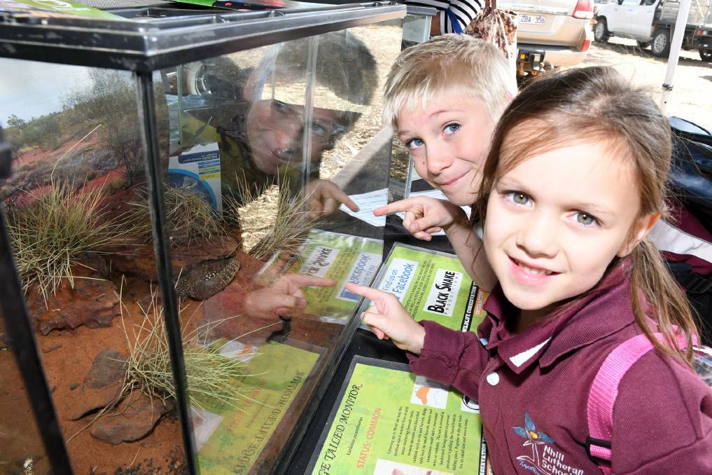 EDUCATION: Nhill Lutheran School students Sean Pedie and Kelsey Schnaars at the 2019 Wimmera Machinery Field Days. Picture: SAMANTHA CAMARRI
