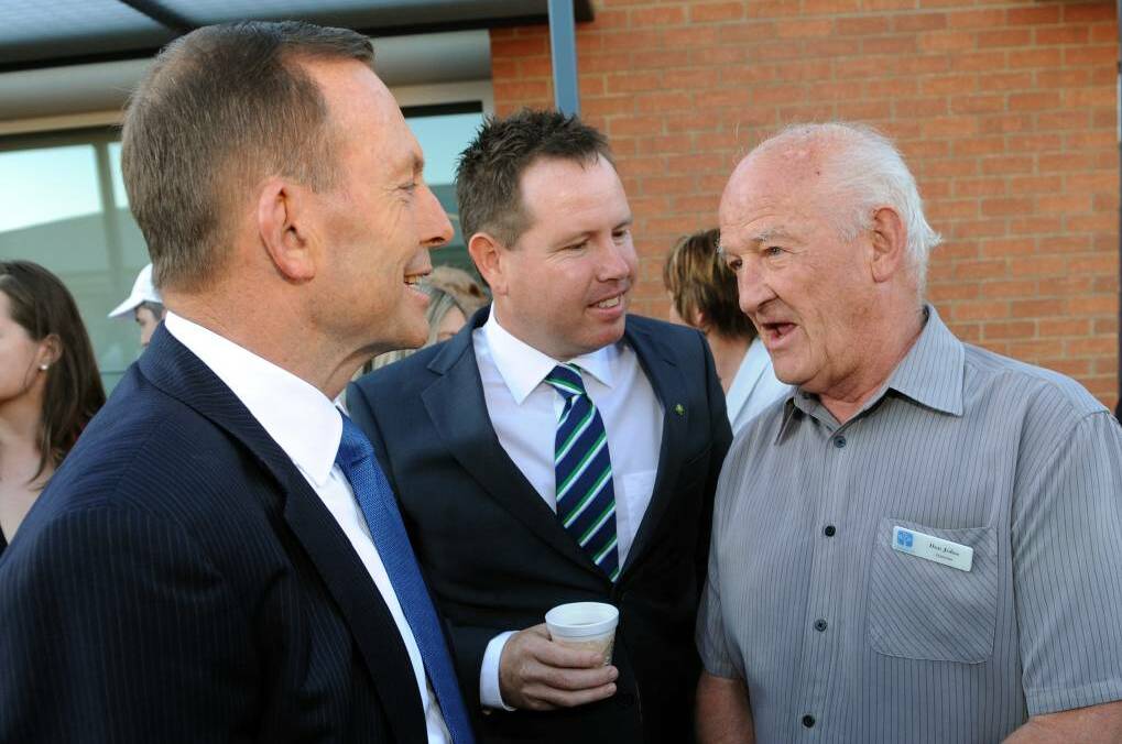 Former Prime Minister Tony Abbott with Andrew Broad and the late Don Johns in Horsham in 2015.