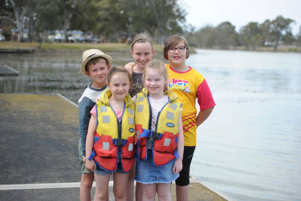 Horsham's Ethan Hill, Emma Gellatly, Jade Edwards, Sarah Gellatly and Bella St Clair are excited for pedal boats on the Wimmera River.