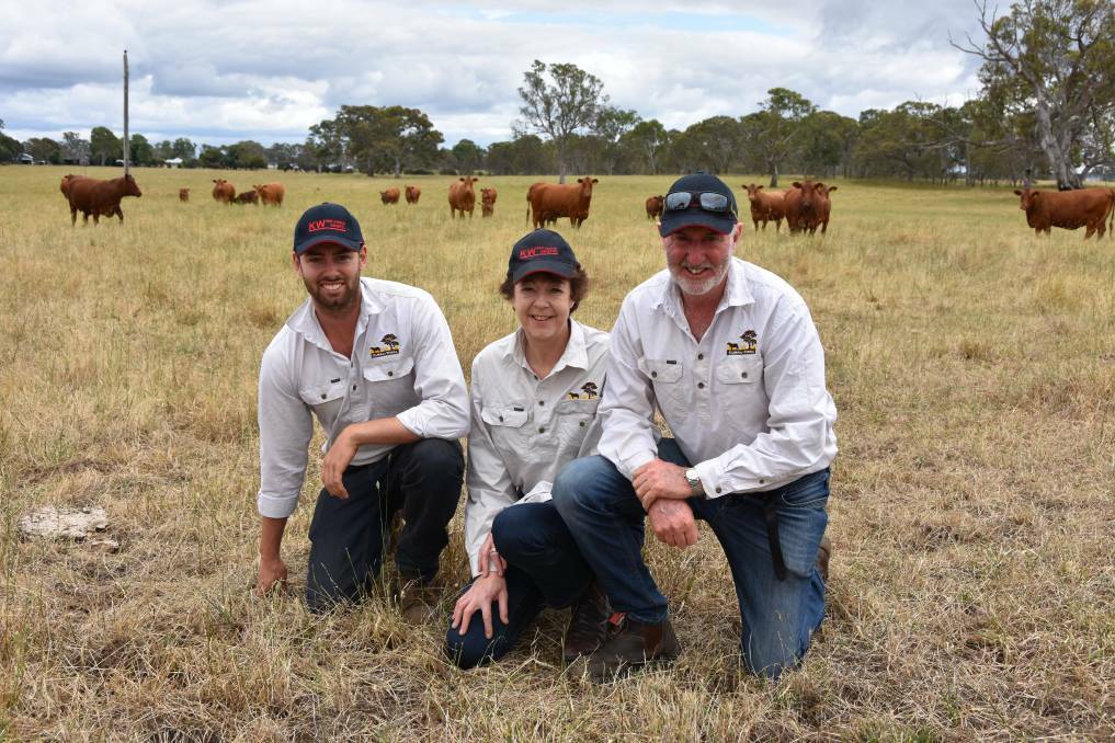 Kurra-Wirra stud principals Anthony, Bernadette, and Robert Close, in front of some cows and heifers, on their Culla property.